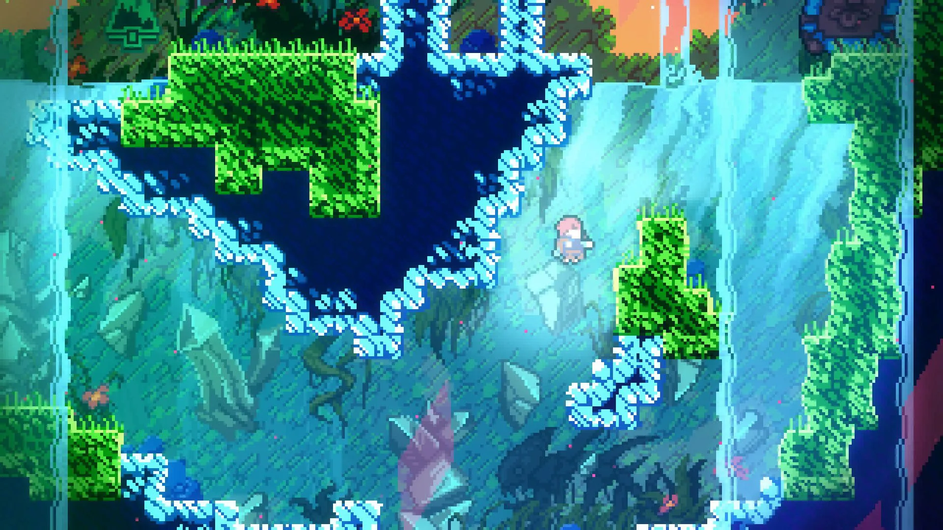 Madeline vượt qua chướng ngại vật trong game platformer Celeste