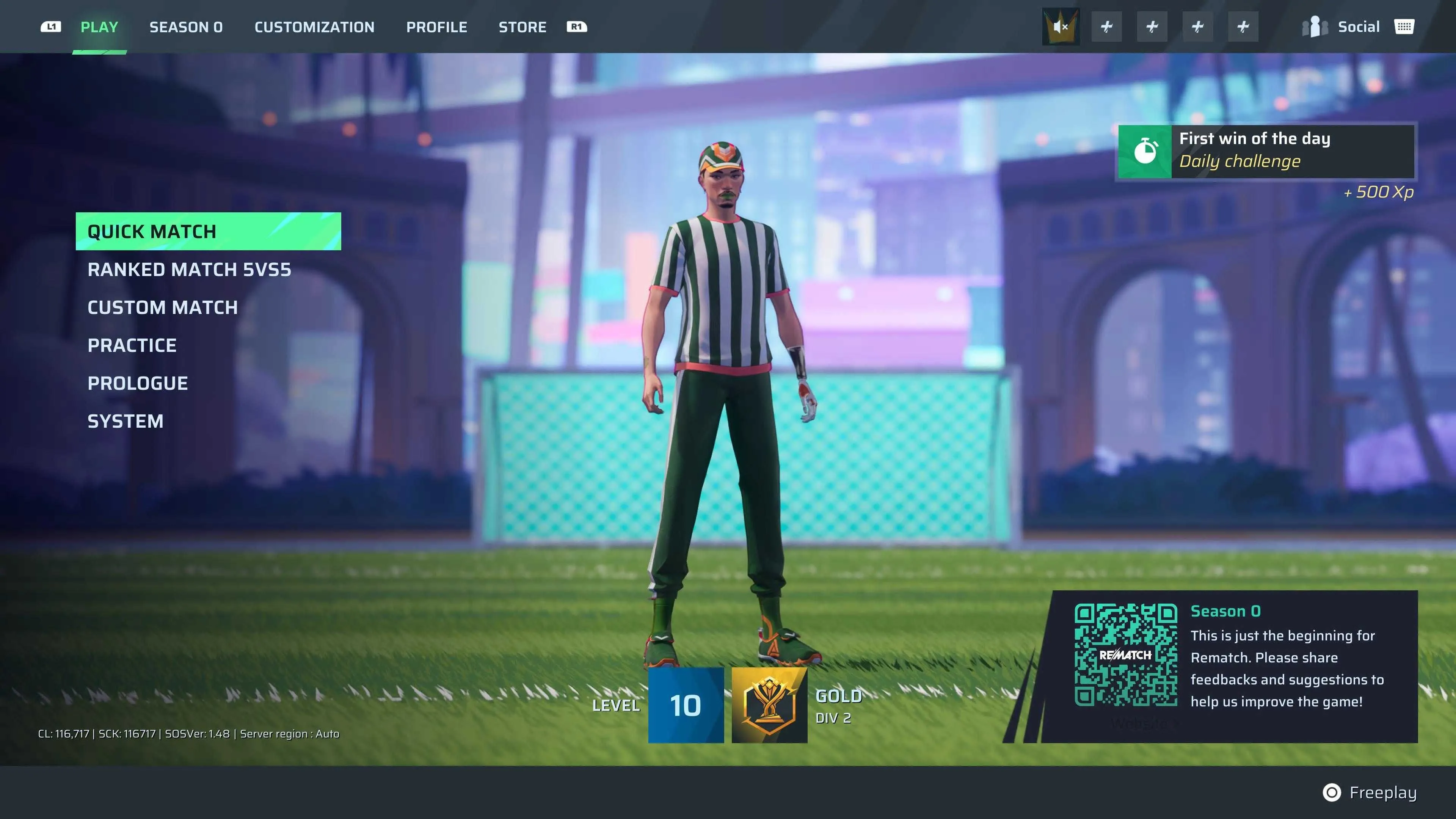 Màn hình menu chính hoặc hub của Rematch, hiển thị các chế độ chơi hoặc tùy chọn