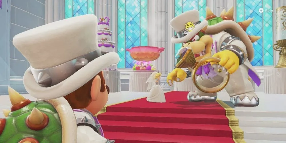 Mario nhìn về phía lễ cưới của Bowser và Peach trong Super Mario Odyssey