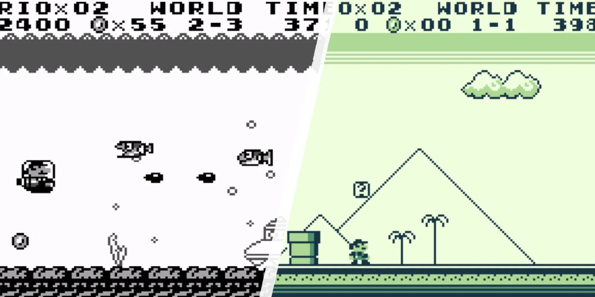 Mario trong màn chơi phong cách bắn súng và gần kim tự tháp trong Super Mario Land trên Game Boy