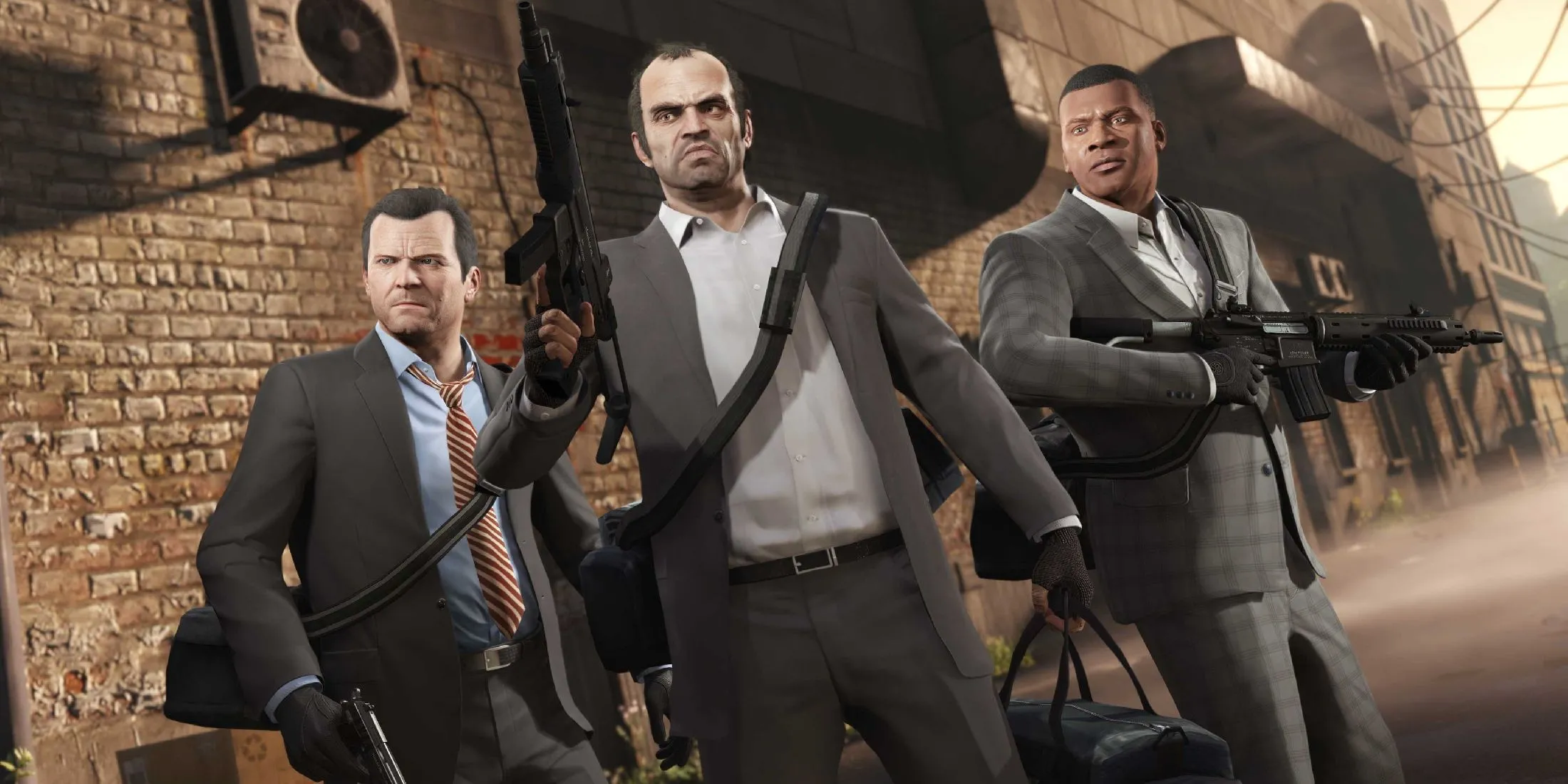 Michael, Trevor và Franklin cùng nhau trong một phân cảnh của GTA 5, thể hiện đồ họa được nâng cấp