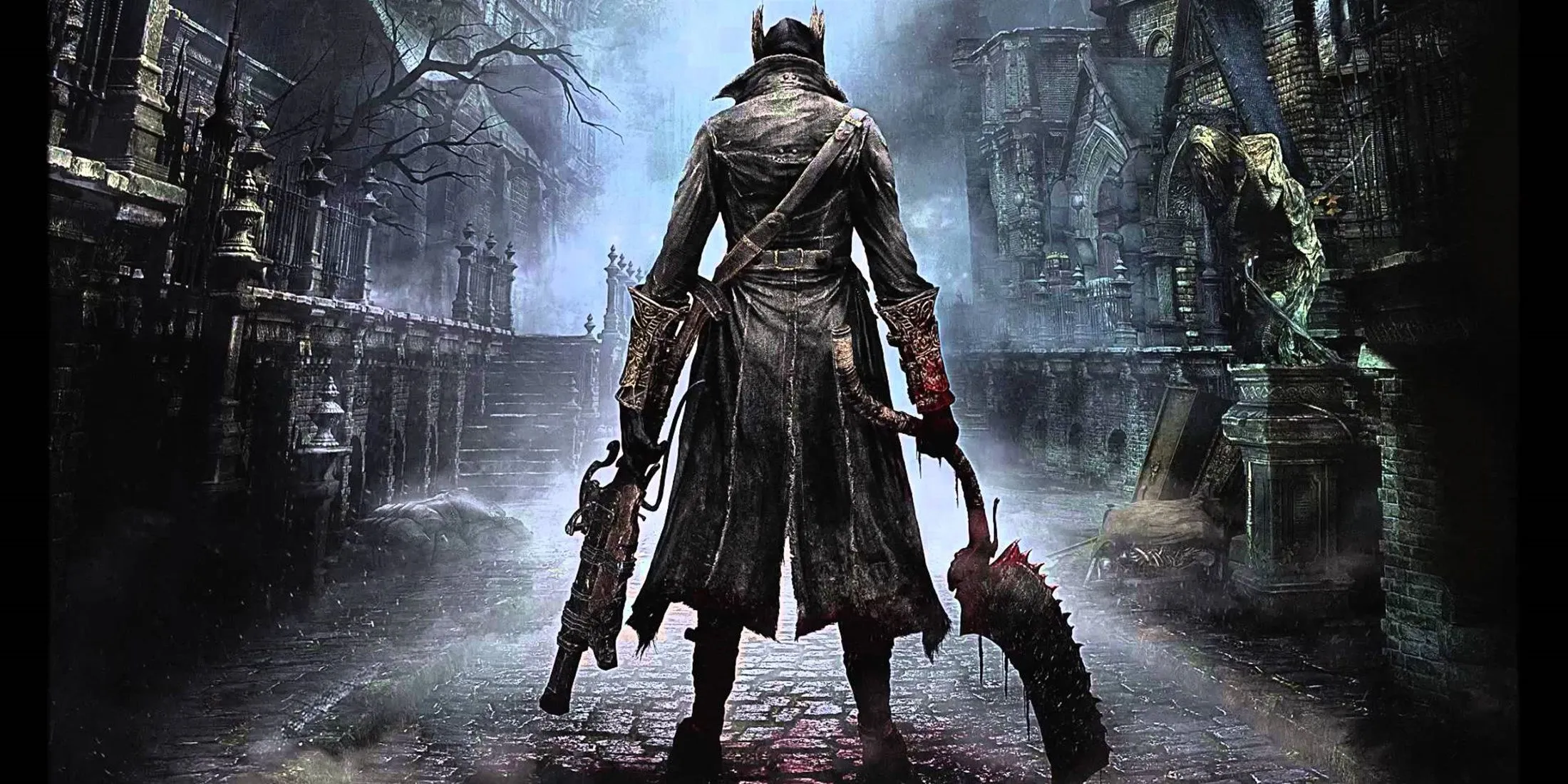 Mô tả hình ảnh Bloodborne với tòa nhà cũ và cây cối