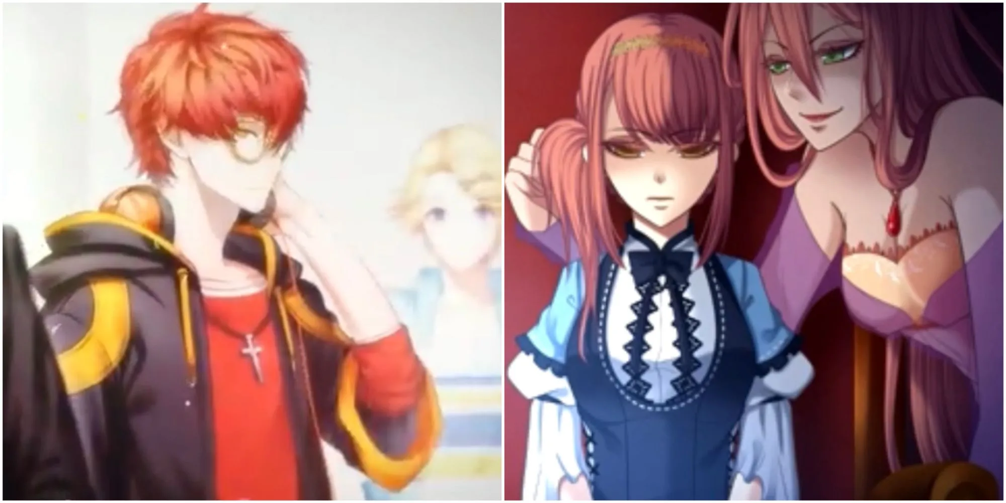 Một ảnh cắt ghép từ Mystic Messenger và Cinderella Phenomenon, hai game dating sim nổi tiếng.