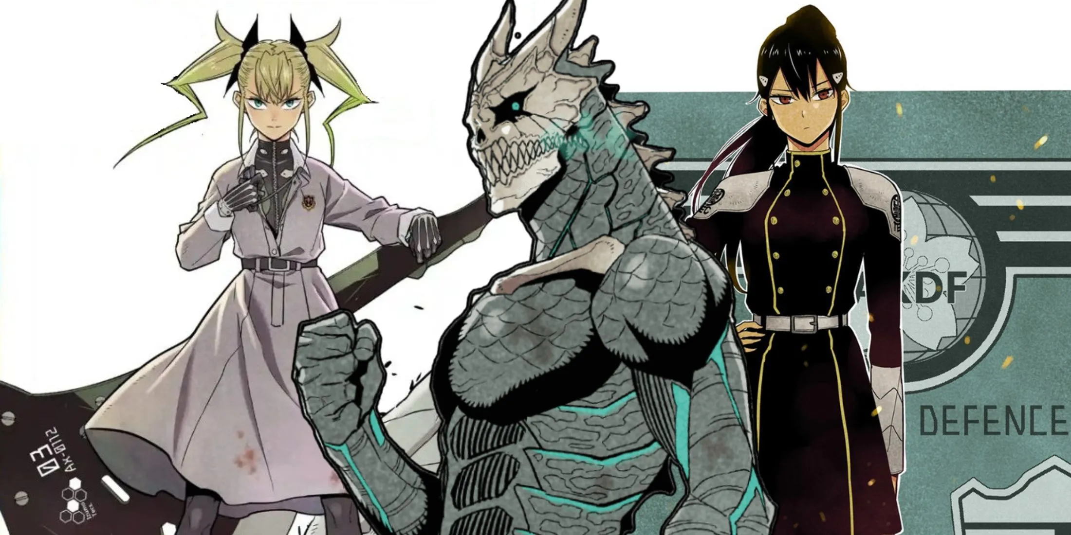 Một bức ảnh ghép ba nhân vật chính từ Kaiju No. 8 là Kikoru Shinomiya, Kafka Hibino và Mina Ashiro, những người đã có kết cục tốt đẹp trong manga.