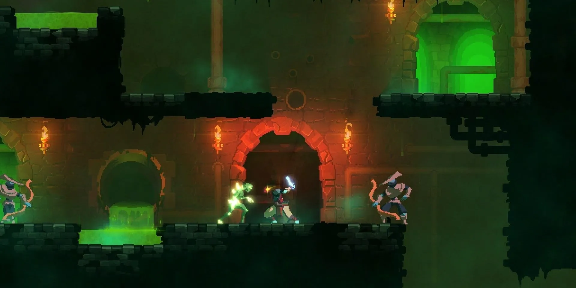 Người chơi chiến đấu với kẻ địch trong khu vực cống ngầm của Dead Cells