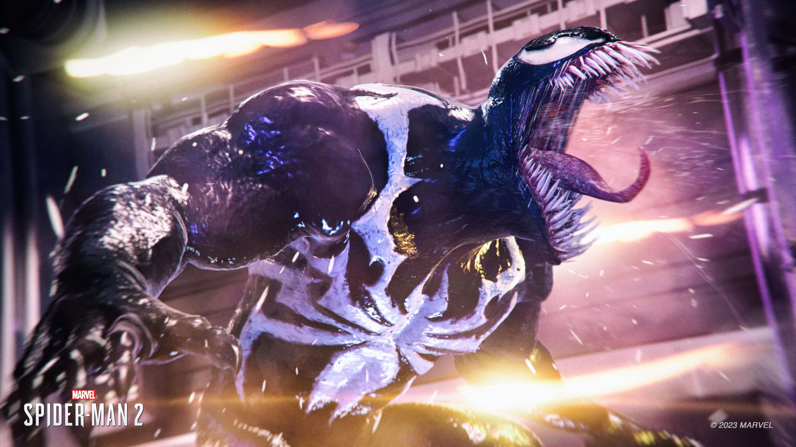 Người Nhện đu tơ giữa các tòa nhà cao tầng ở New York trong Marvel's Spider-Man 2, bầu trời hoàng hôn
