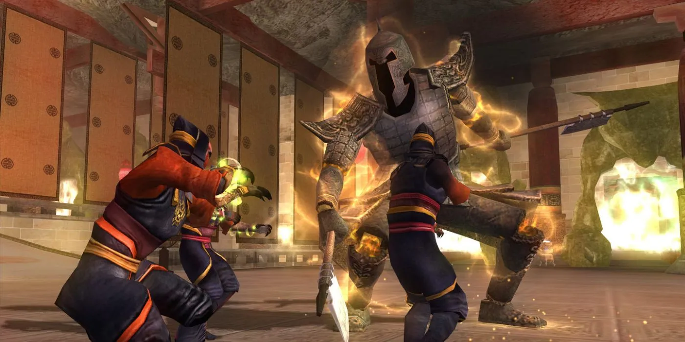 Nhân vật chính đang chiến đấu với chiến binh giáp trụ trong game nhập vai Jade Empire