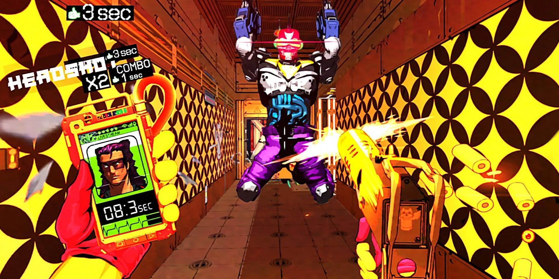 Nhân vật chính dùng súng bắn robot địch trong Mullet MadJack