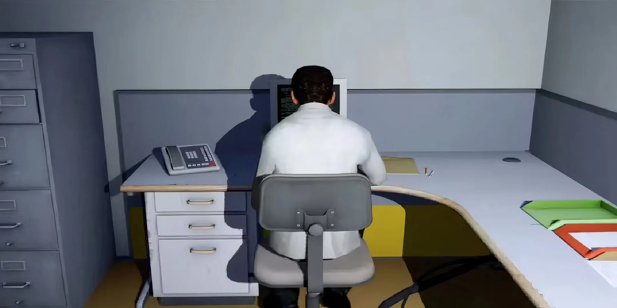 Nhân vật chính Stanley ngồi trước máy tính trong The Stanley Parable, biểu tượng cho sự lặp lại kỳ lạ.