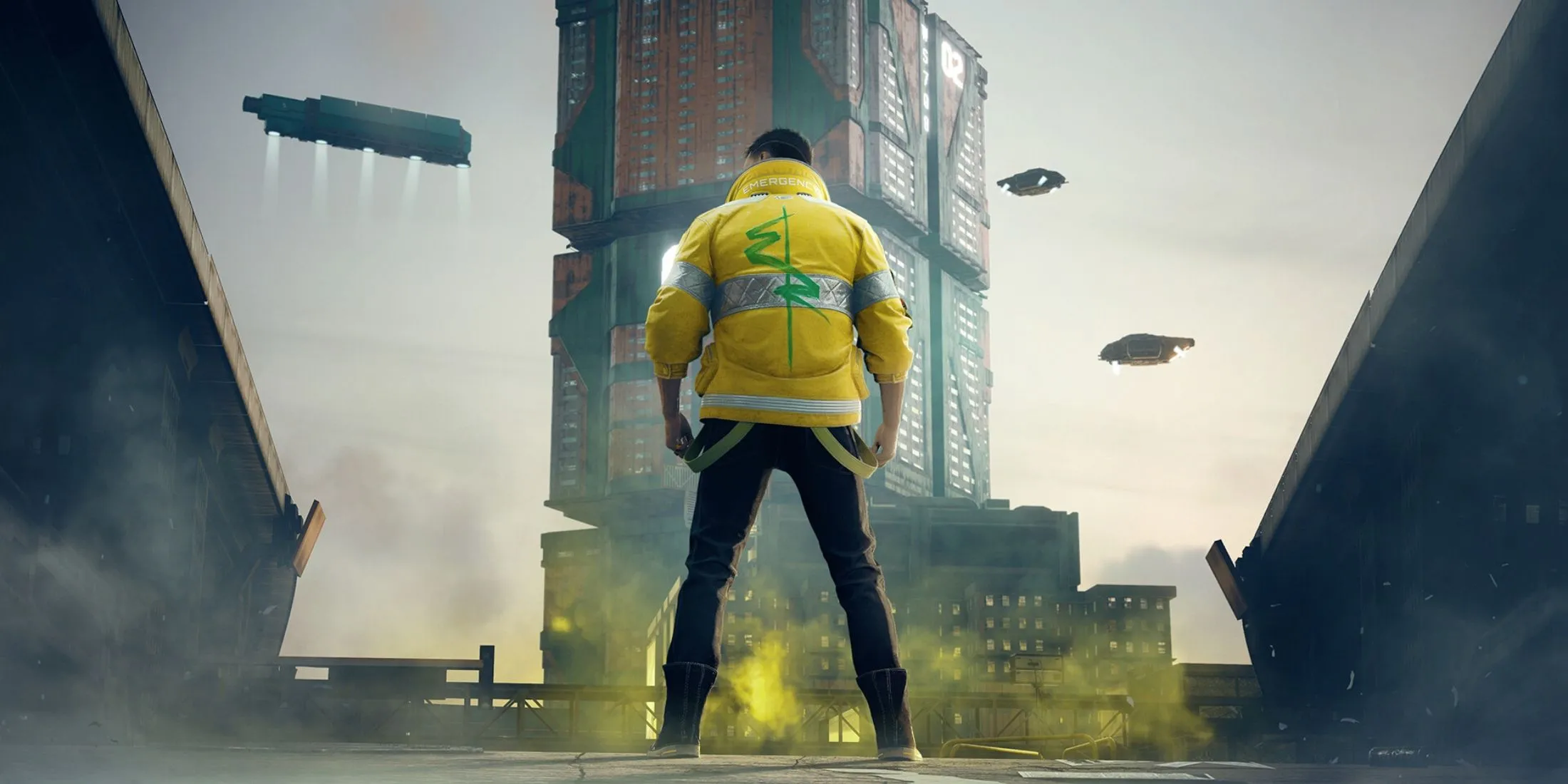 Nhân vật chính V của Cyberpunk 2077 đứng giữa Night City, thể hiện sự phát triển vượt bậc của game.