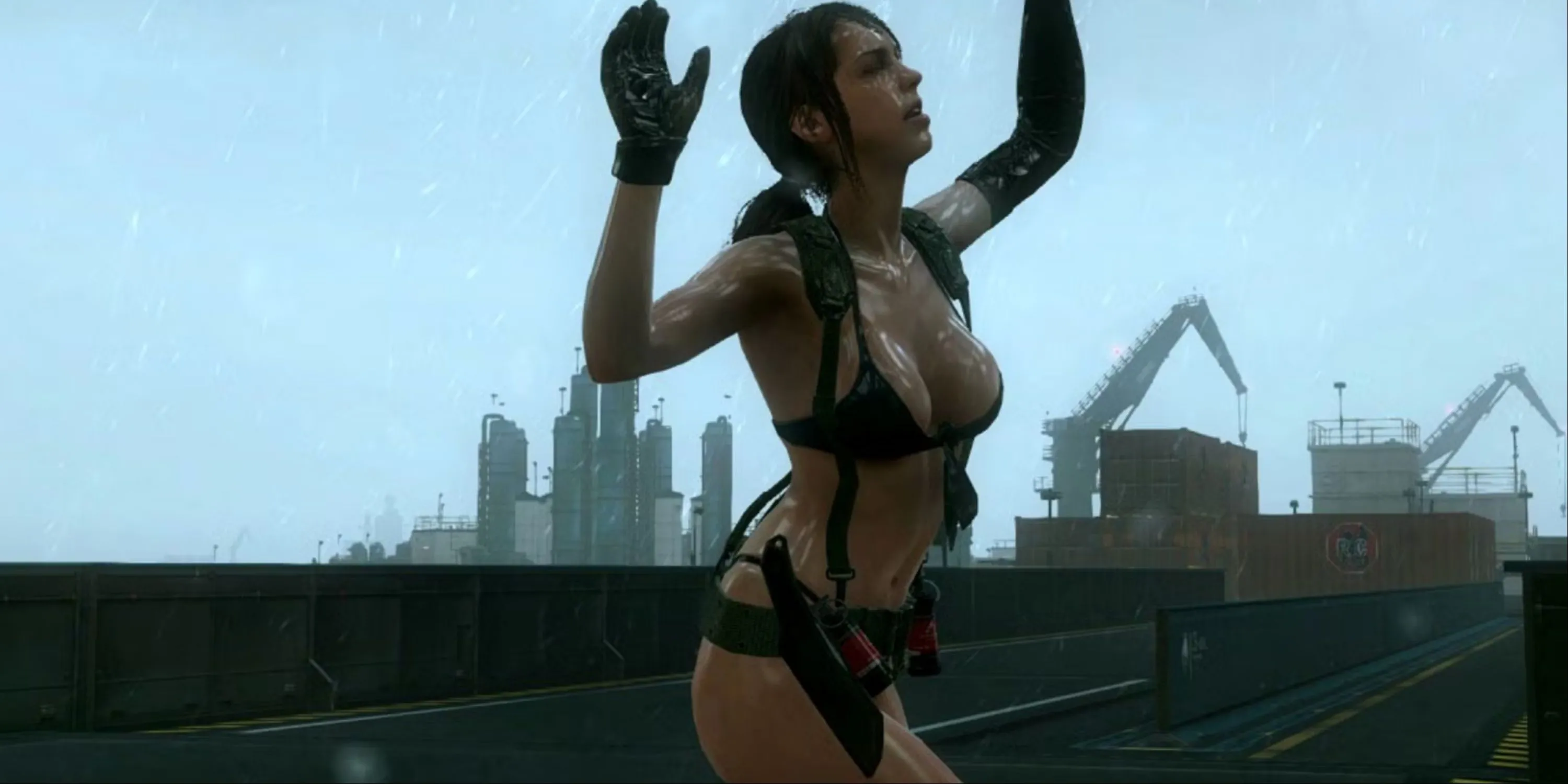 Nhân vật Quiet trong trang phục thiếu vải, nhảy múa dưới mưa trong Metal Gear Solid 5: The Phantom Pain, một khoảnh khắc gây tranh cãi về thiết kế nhân vật.