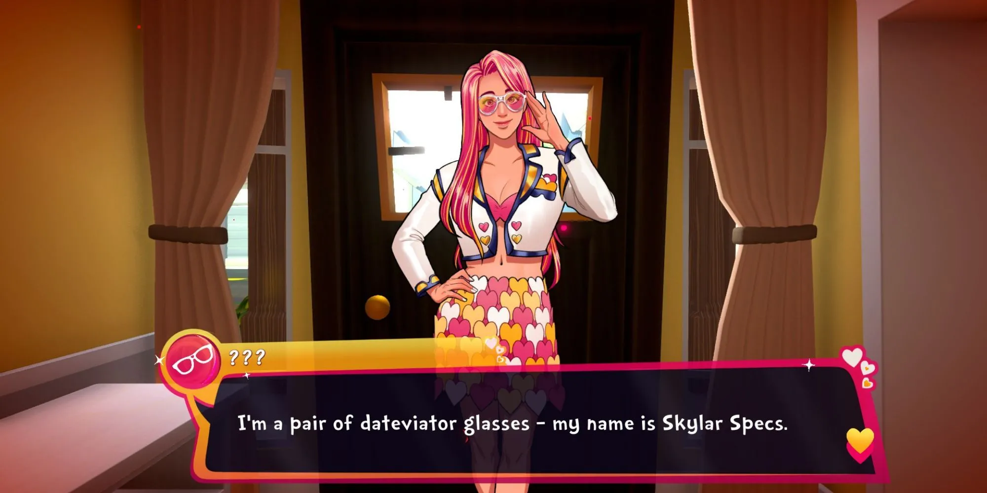 Nhân vật Skyler đứng trước màn hình game, có chú thích tên và diễn viên lồng tiếng Felicia Day.