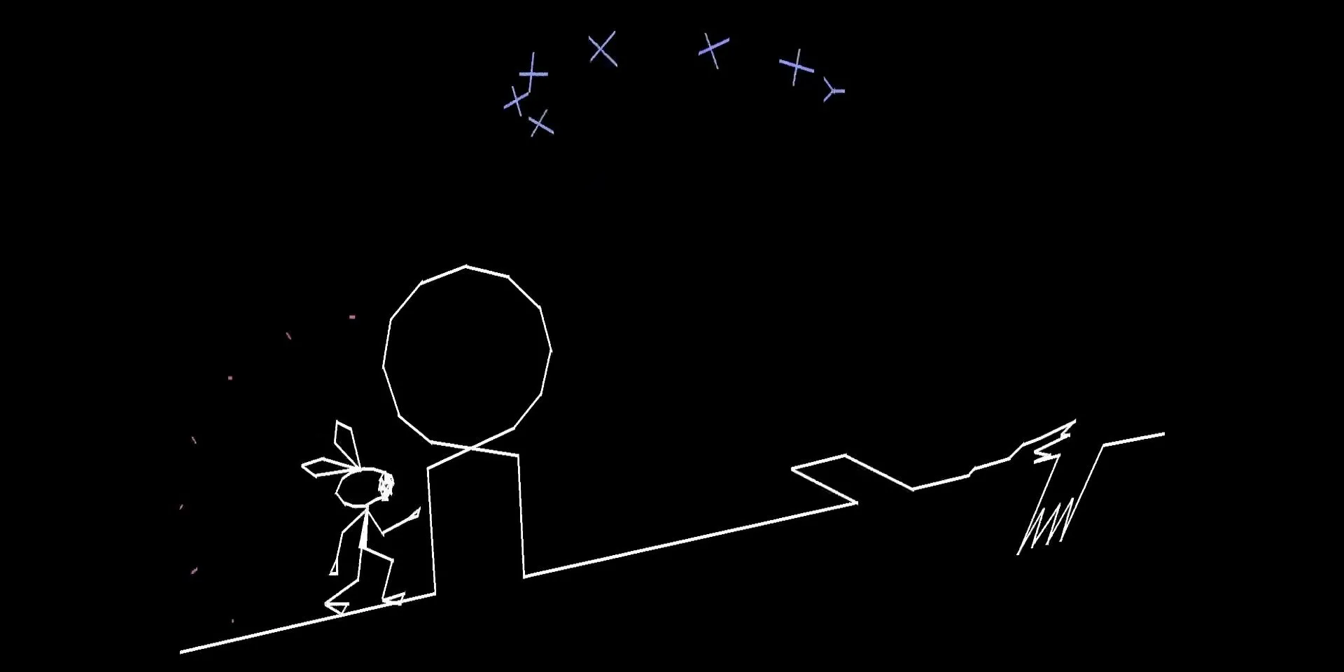 Nhân vật Vibri đang vượt chướng ngại vật được tạo ra từ âm nhạc trong Vib-Ribbon, một game nhịp điệu sáng tạo trên PS1.