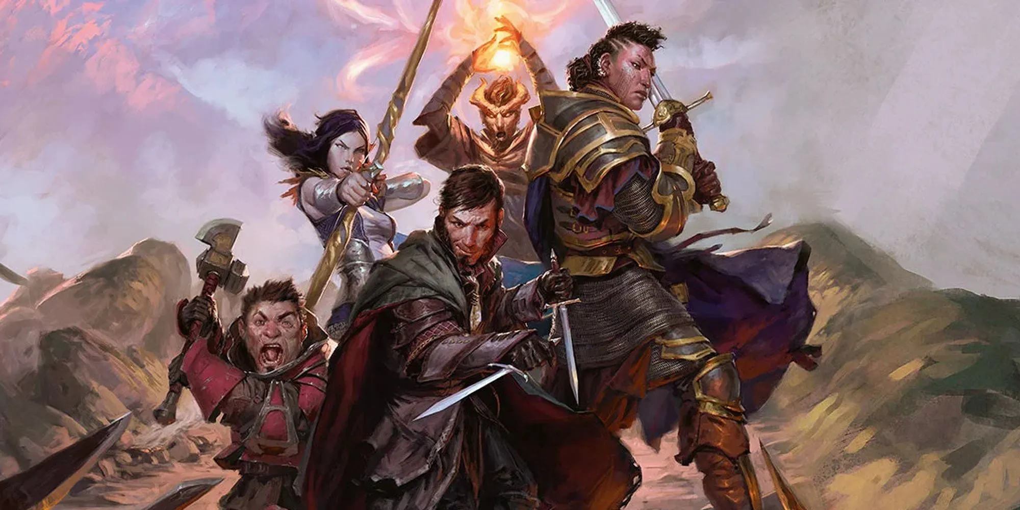 Nhóm phiêu lưu đang đứng trên vách đá chuẩn bị chiến đấu trong Dungeons &amp; Dragons