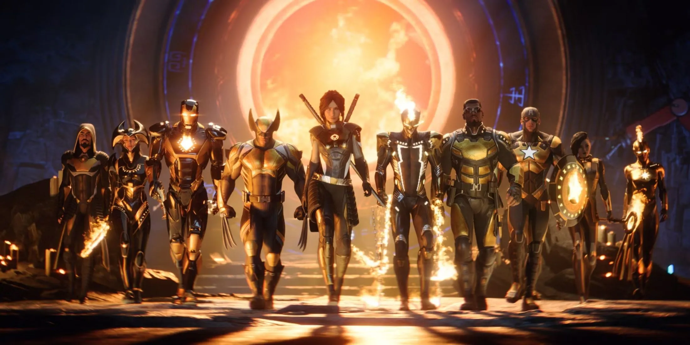 Nhóm siêu anh hùng trong trang phục Midnight Suns từ game Marvel's Midnight Suns.