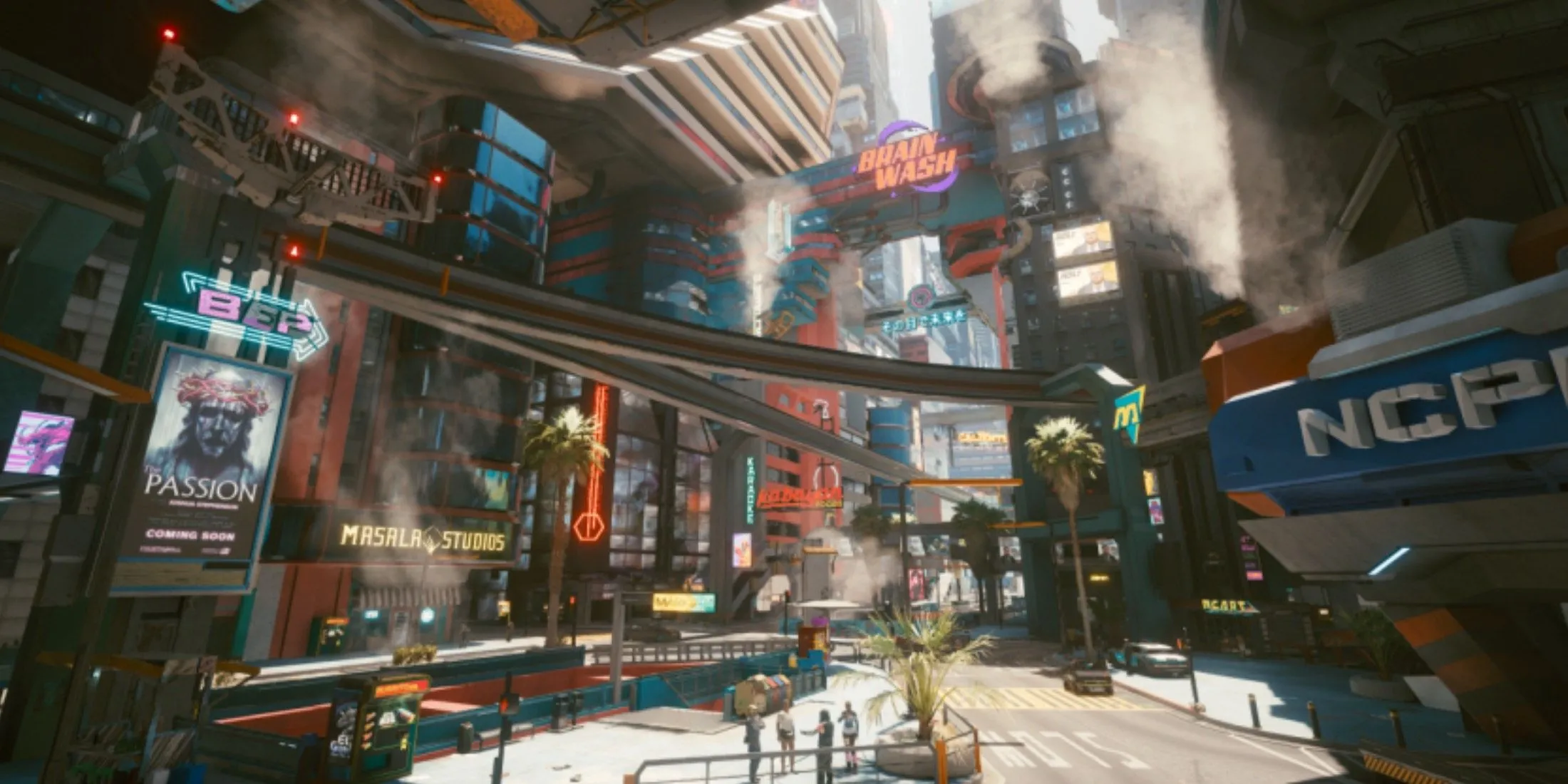 Night City trong Cyberpunk 2077 với ánh đèn neon và biển hiệu