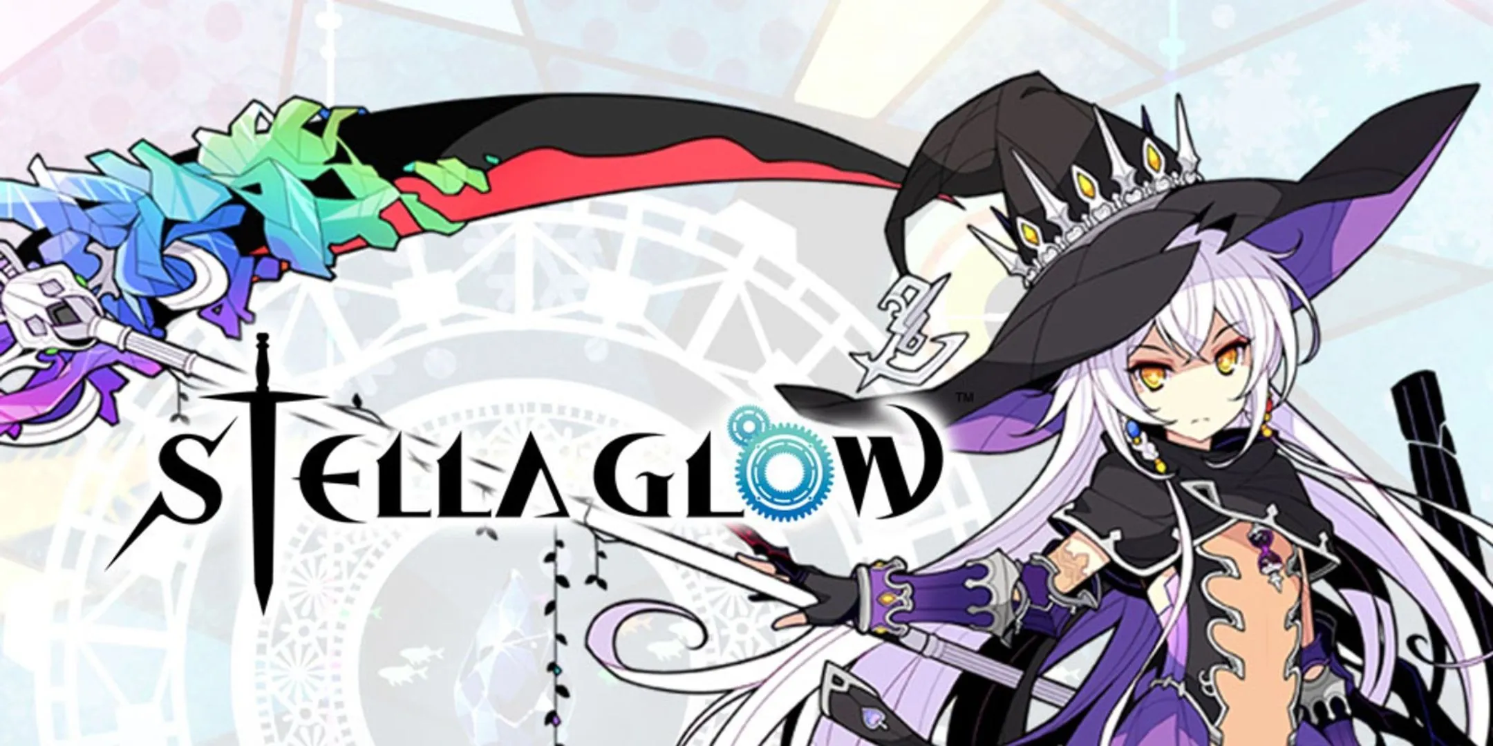Nữ nhân vật chính của Stella Glow cầm lưỡi hái, cùng logo game.