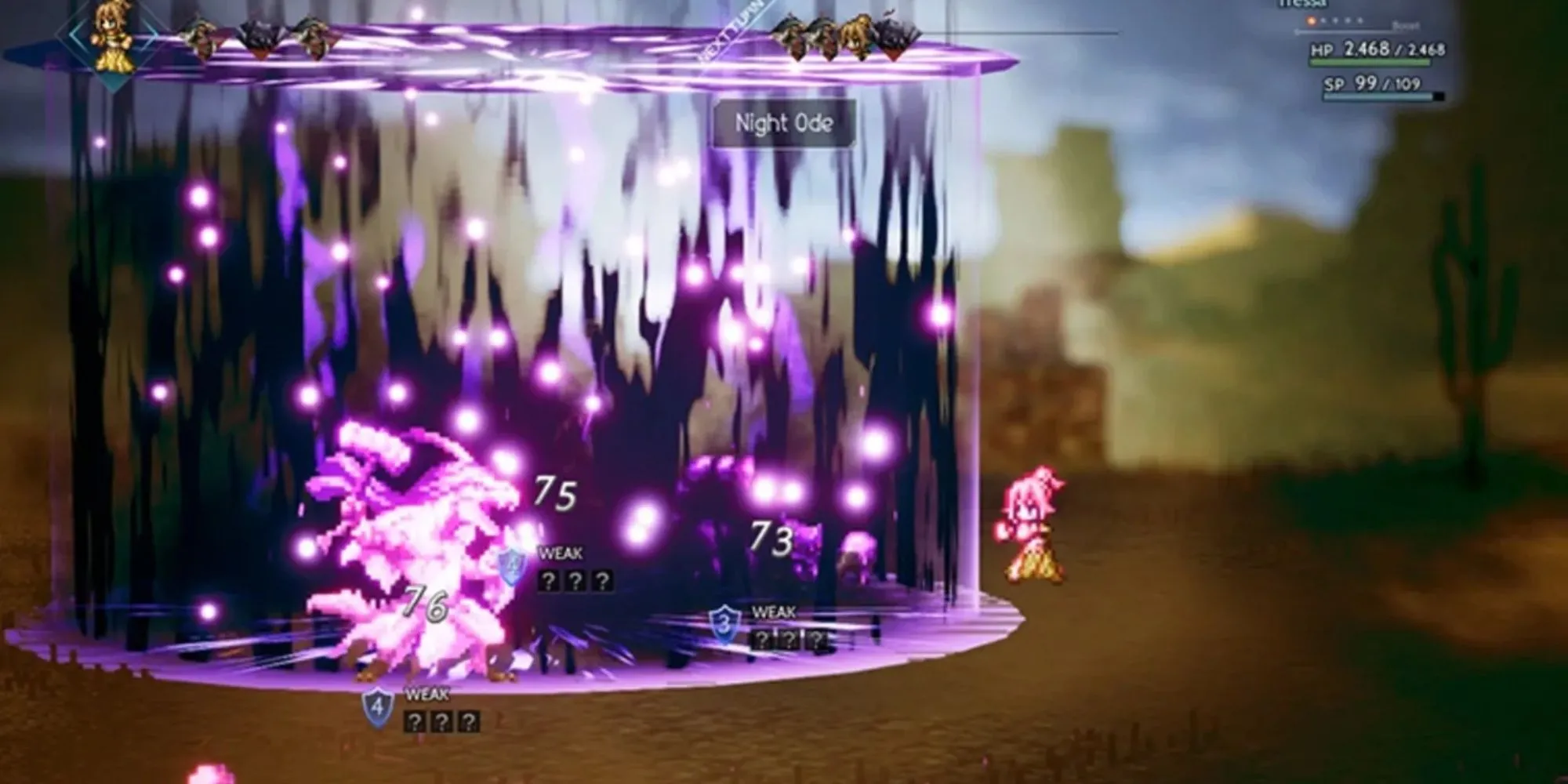 Octopath Traveler với phong cách đồ họa HD-2D độc đáo, các nhân vật đang chiến đấu theo lượt