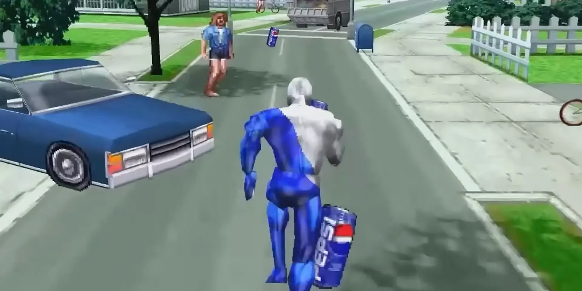Pepsiman, linh vật của Pepsi, đang chạy trong game cùng tên trên PS1, một tựa game runner kinh điển và kỳ quặc.