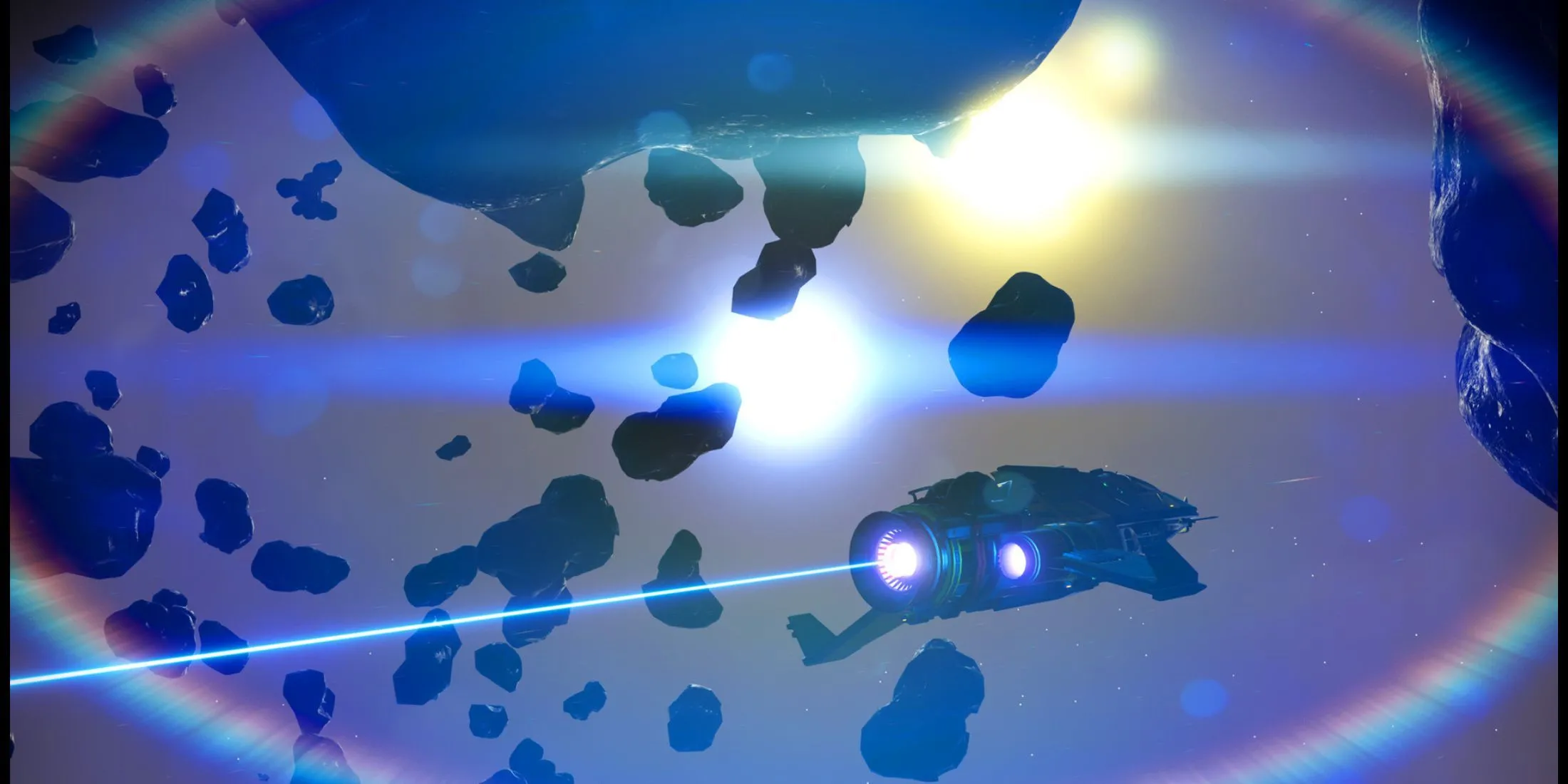 Phi thuyền vượt qua dải thiên thạch dày đặc trong không gian rộng lớn của No Man's Sky