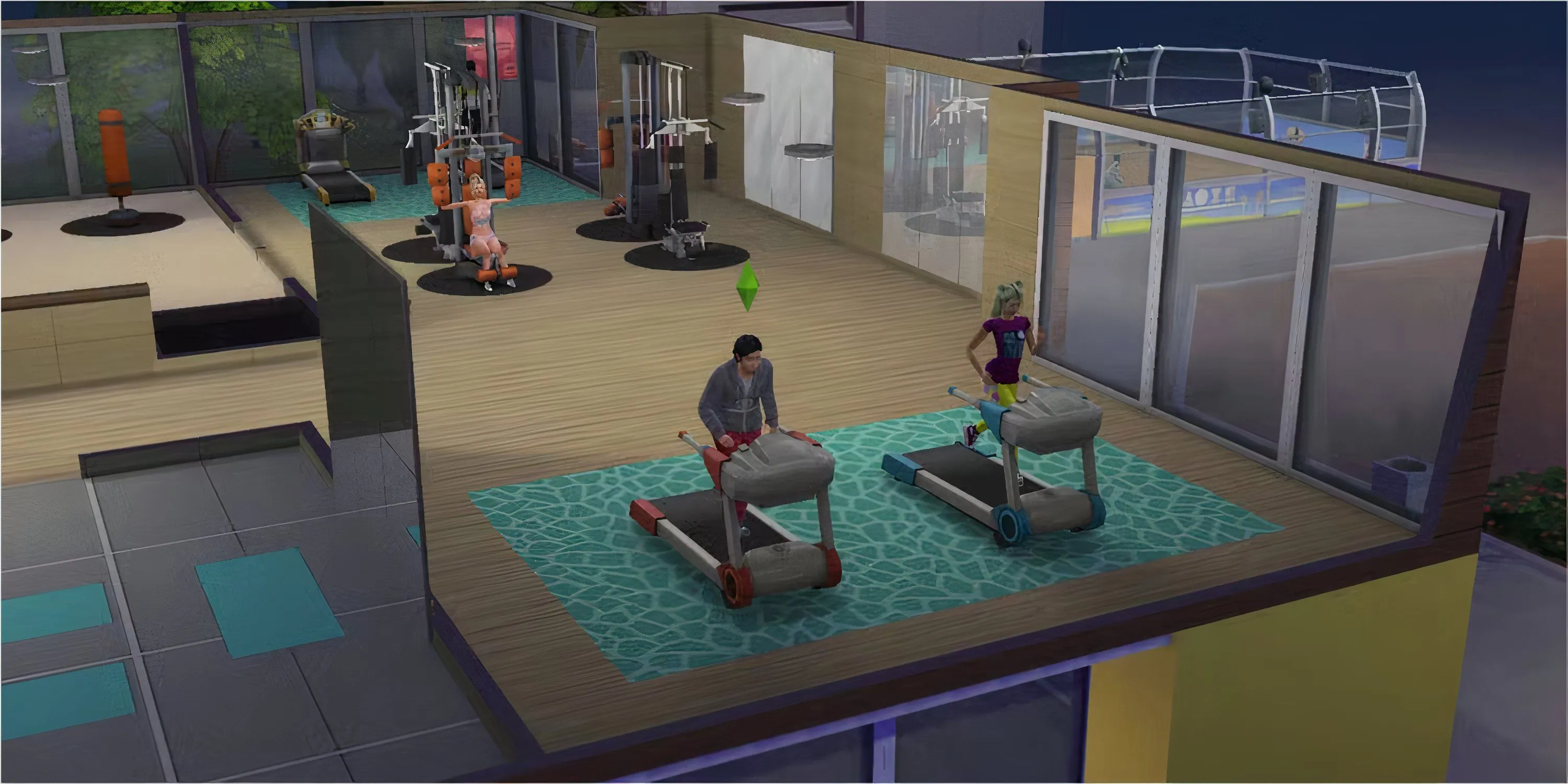 Phòng gym Pectoral Fitness trong The Sims 4 với thiết bị hiện đại và hồ bơi.