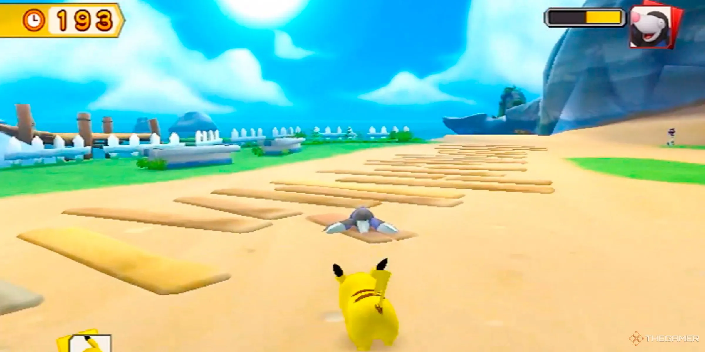 Pikachu chiến đấu với Drilbur trong thế giới phiêu lưu đầy màu sắc của PokePark 2: Wonders Beyond.