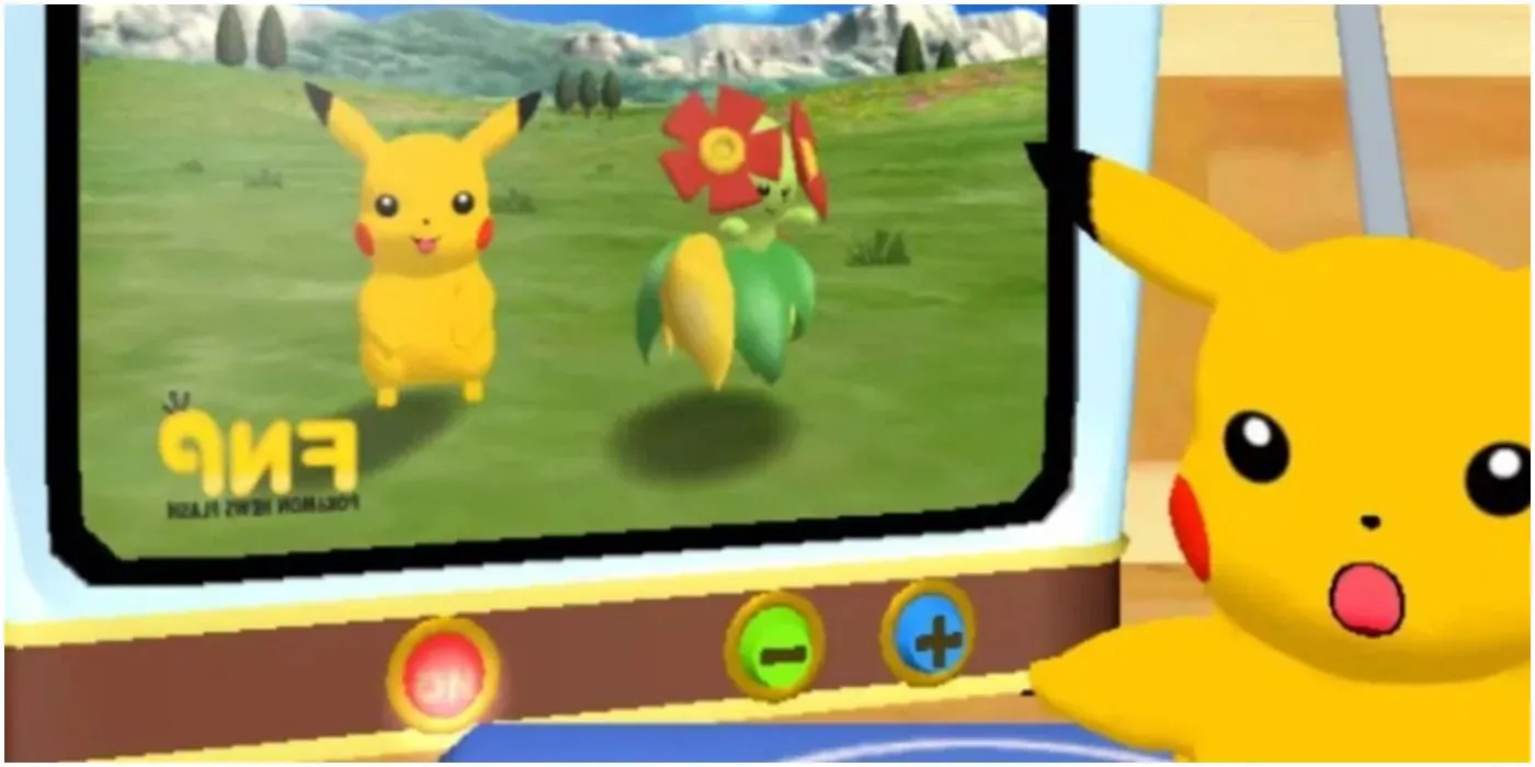 Pikachu ngồi xem TV cùng người chơi trong tựa game mô phỏng thư giãn Pokémon Channel.