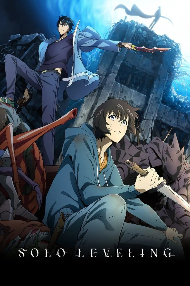 Poster chính thức của anime Solo Leveling, khắc họa thế giới hầm ngục và các Thợ Săn