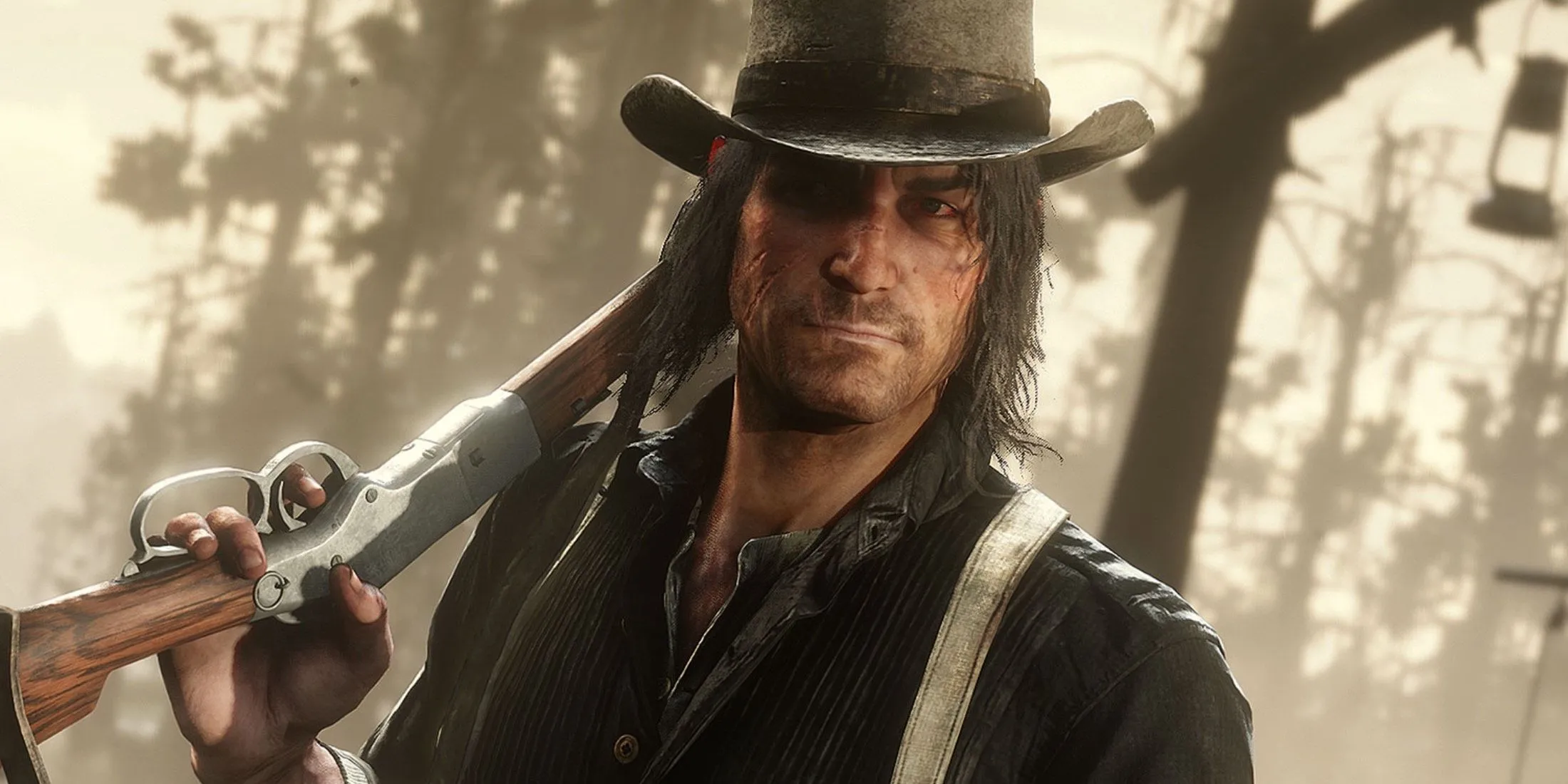Red Dead Redemption 2: Arthur Morgan với khẩu súng trường trên lưng ngựa