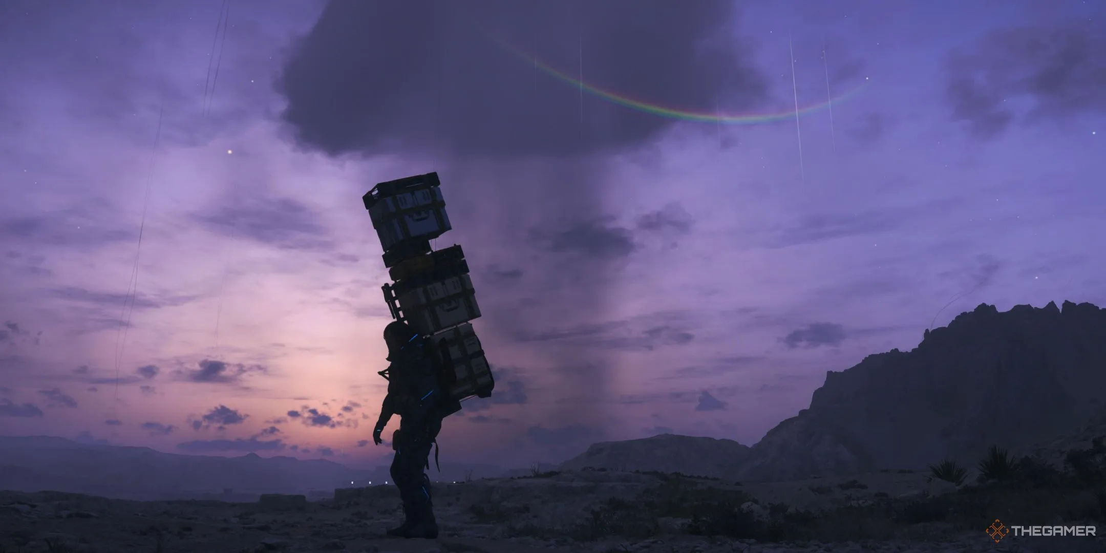 Sam Porter Bridges với trang bị đầy đủ và hàng hóa cồng kềnh trong Death Stranding 2, nổi bật trên nền tím bí ẩn