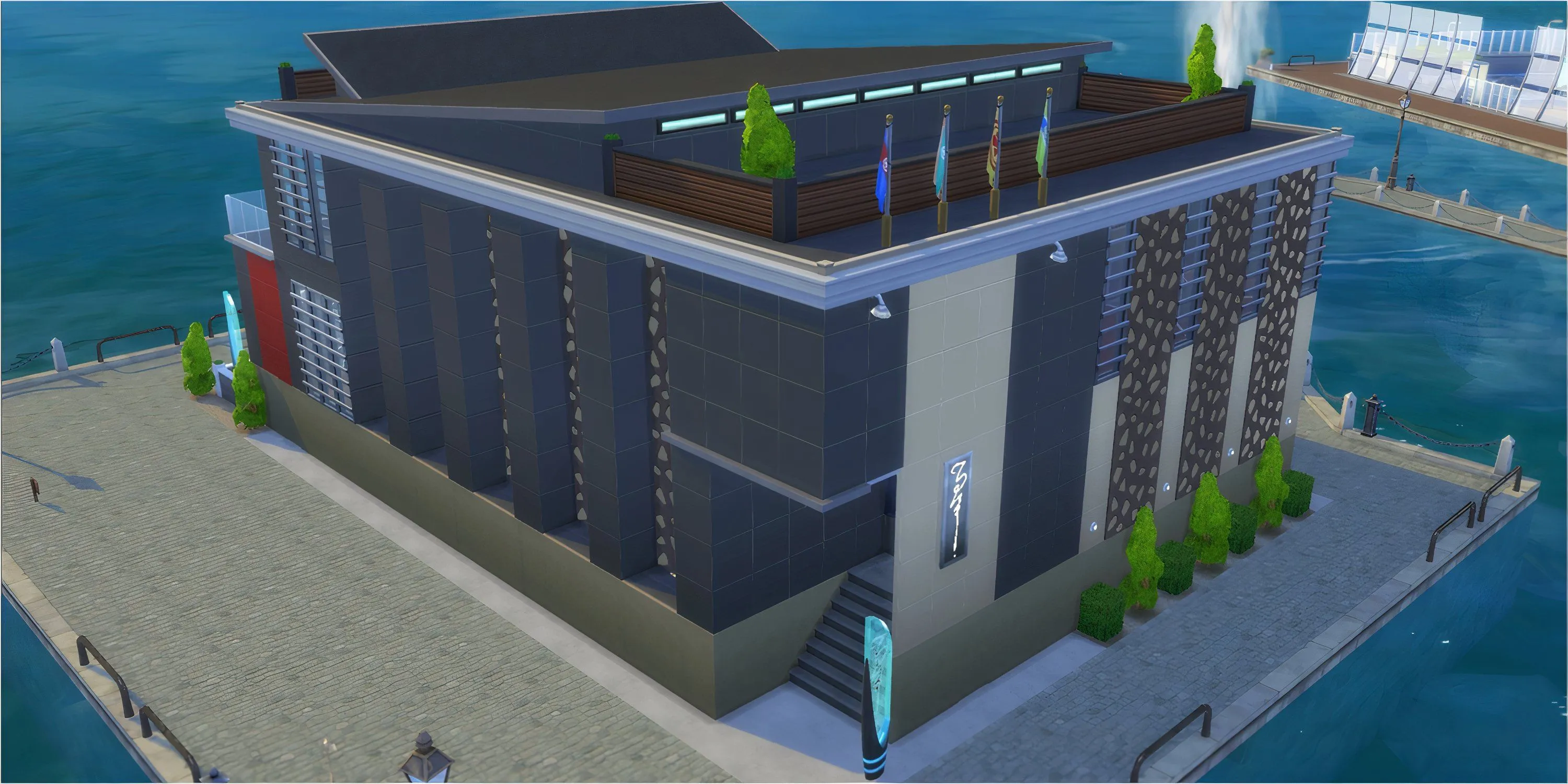 Sảnh chính của hộp đêm Discotheque Pan Europa ở Windenburg, The Sims 4, với sàn nhảy và quầy bar.