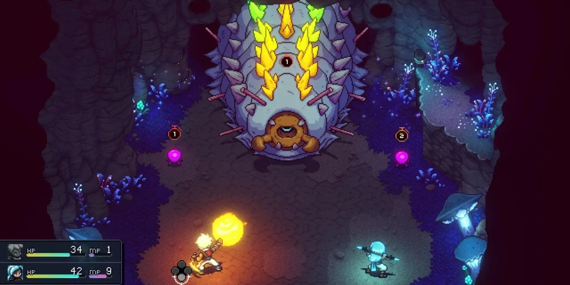 Sea of Stars với đồ họa pixel art tuyệt đẹp, hai nhân vật chính đứng trên một đỉnh núi nhìn ra cảnh biển