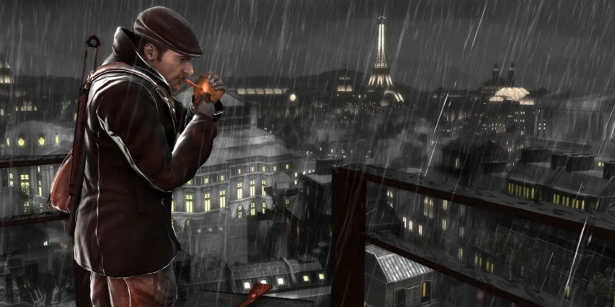 Sean Devlin trên mái nhà nhìn về tháp Eiffel, biểu tượng của Paris trong The Saboteur