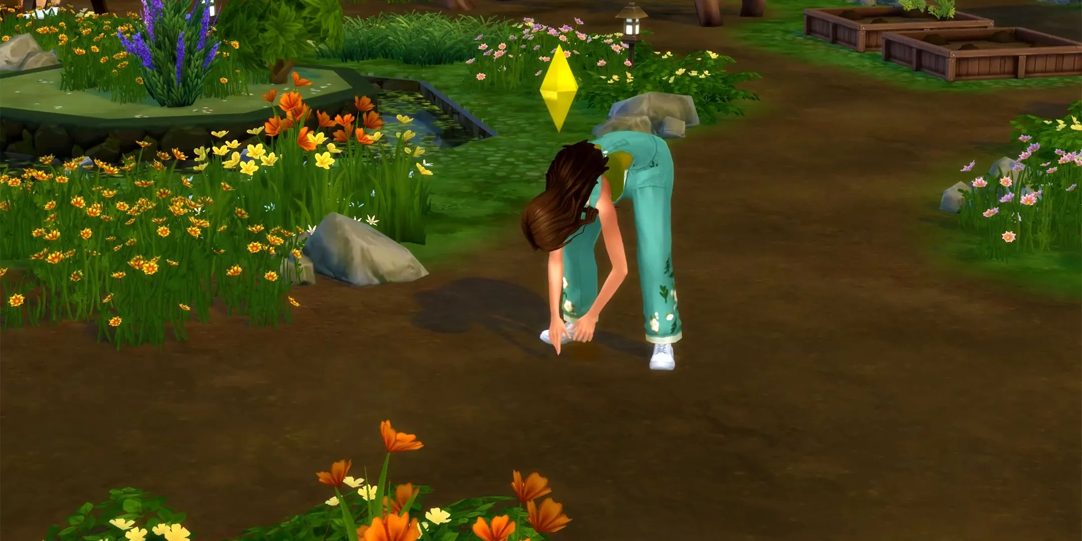 Sim đang tương tác với bảng nhiệm vụ Fables ở Innisgreen, nơi có thể nhận hạt Aura Blossom trong The Sims 4