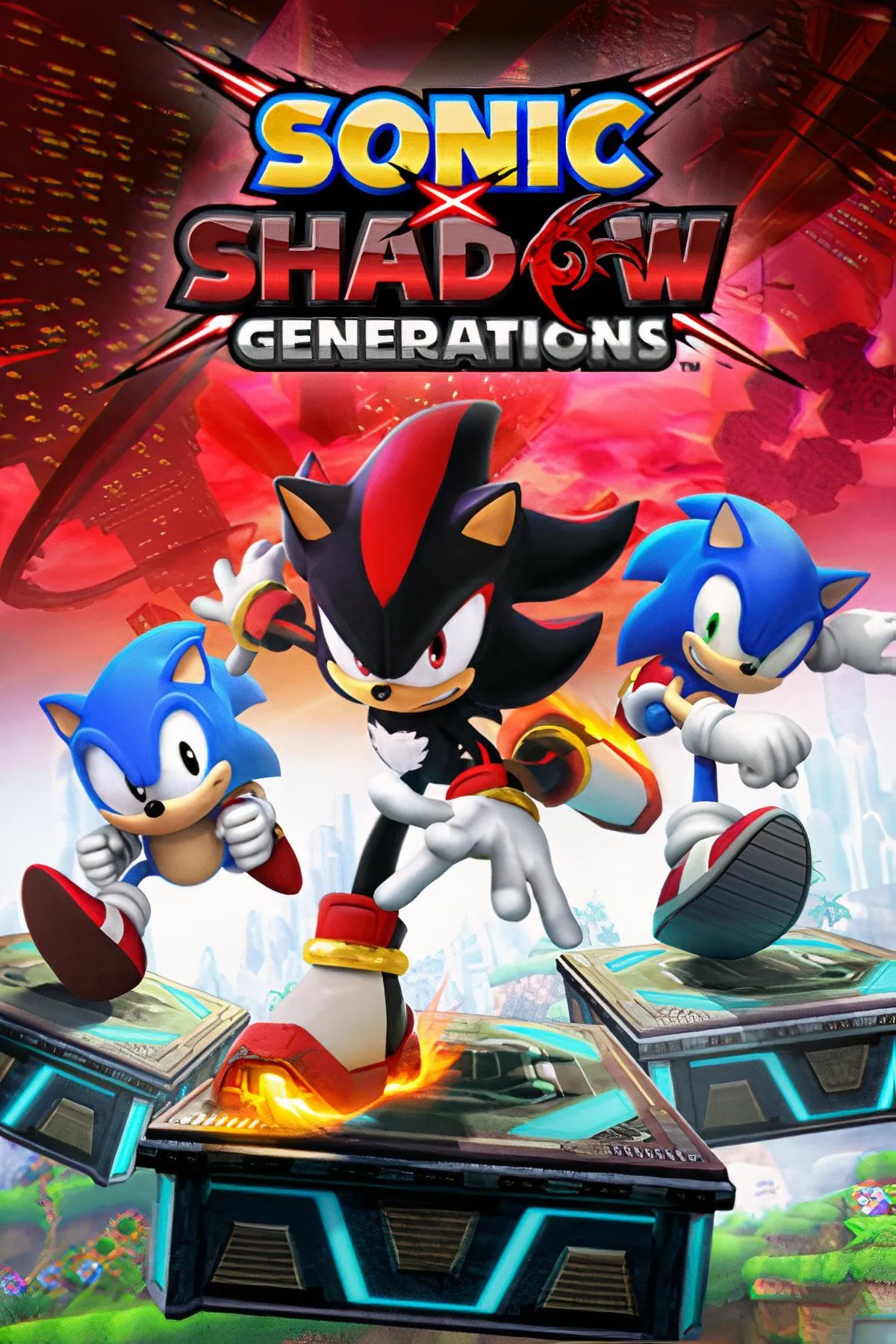 Sonic và Shadow cùng các nhân vật từ nhiều thế hệ trong Sonic X Shadow Generations.