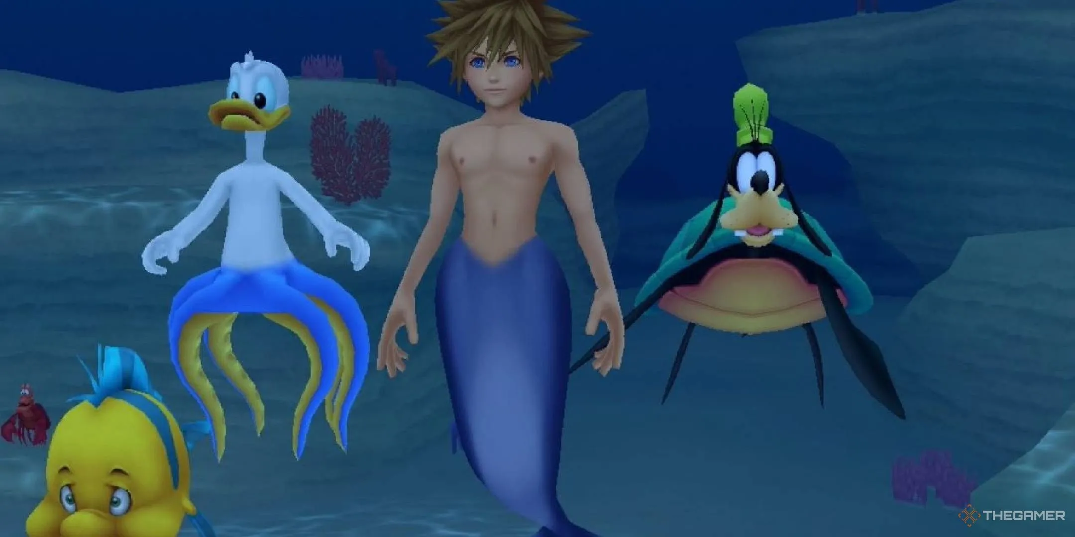 Sora trong hình dạng nàng tiên cá cùng Flounder, Donald và Goofy tại Atlantica của Kingdom Hearts 2, minh họa một trong những khoảnh khắc âm nhạc khó đỡ nhất game.