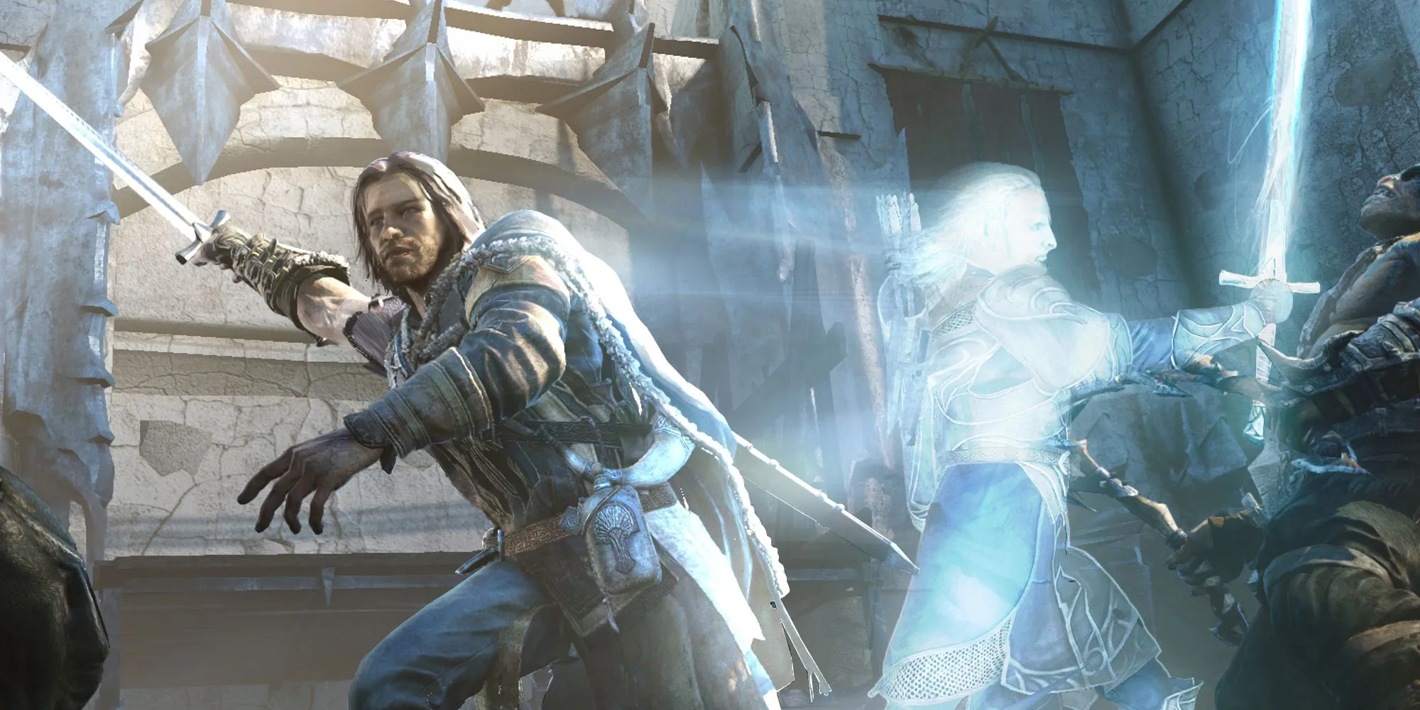 Talion và Celebrimbor trong Middle-Earth: Shadow of War, thể hiện sự kết nối giữa Ranger và Linh hồn Elf