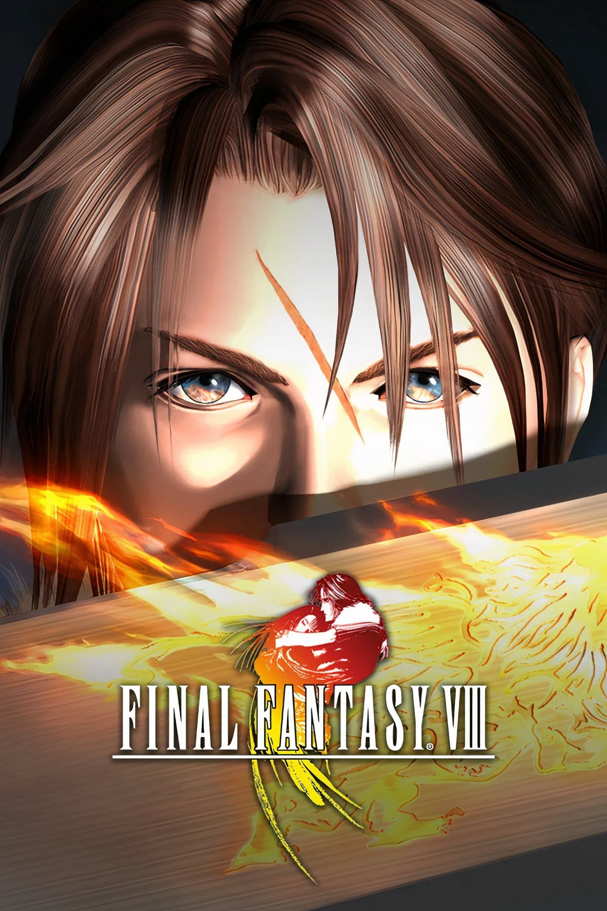 Tấm minh họa game Final Fantasy 8 với các nhân vật chính Squall và Rinoa cùng bối cảnh thành phố tương lai Esthar