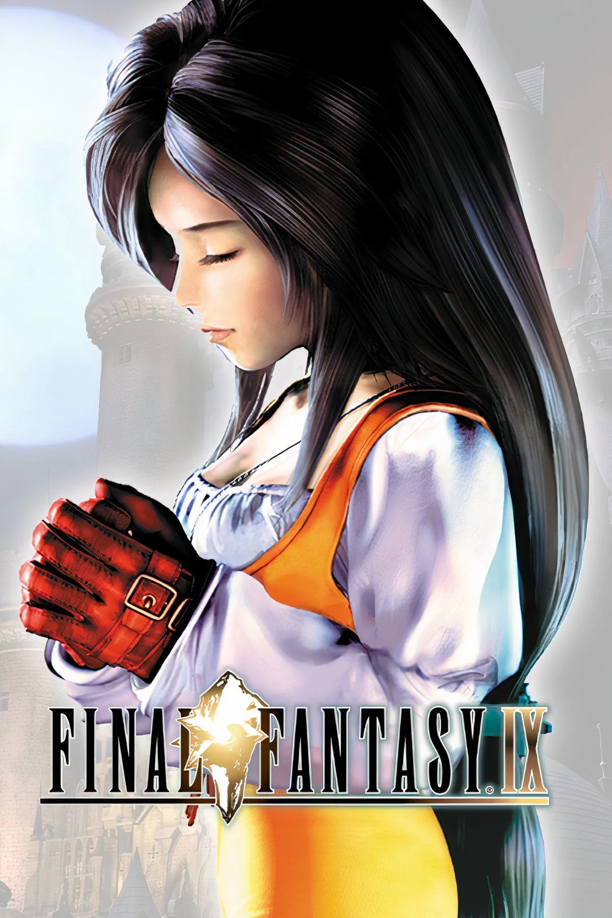 Tấm minh họa game Final Fantasy 9 với các nhân vật chính Zidane, Garnet, Vivi trước lâu đài Alexandria nguy nga