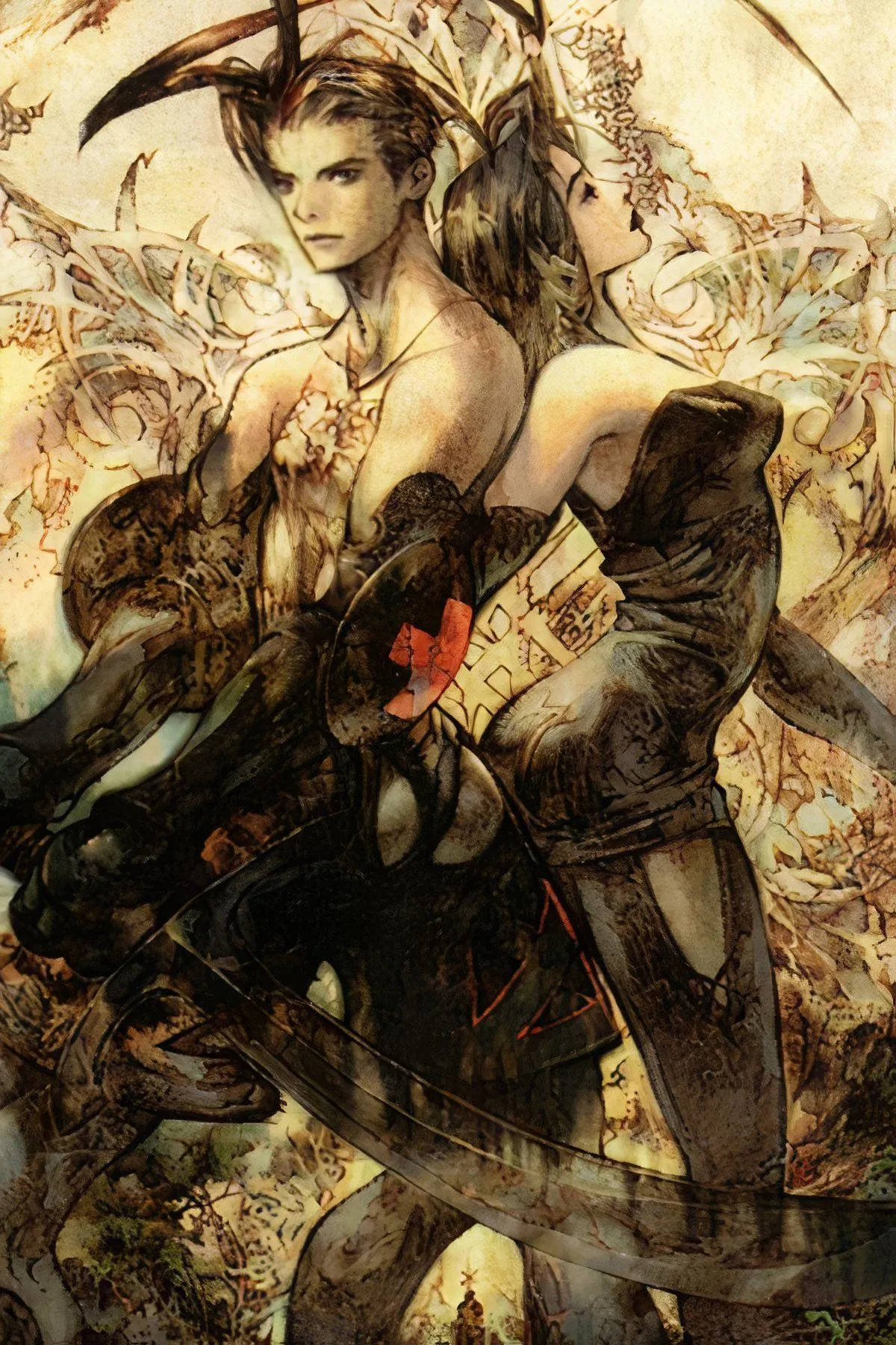 Tấm minh họa game Vagrant Story với nhân vật chính Ashley Riot đứng trước tàn tích cổ kính của Lea Monde
