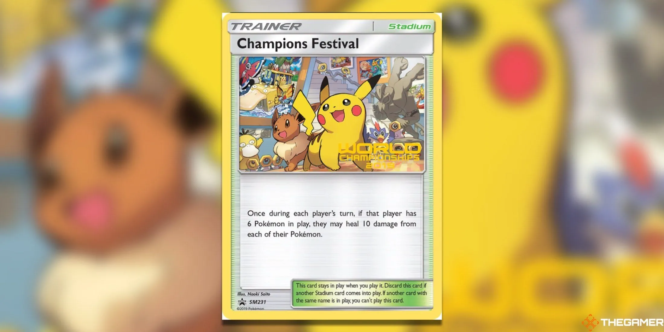 Thẻ bài promo Champion’s Festival SM231 từ giải vô địch thế giới Pokemon TCG 2019, nổi bật Pikachu và Eevee
