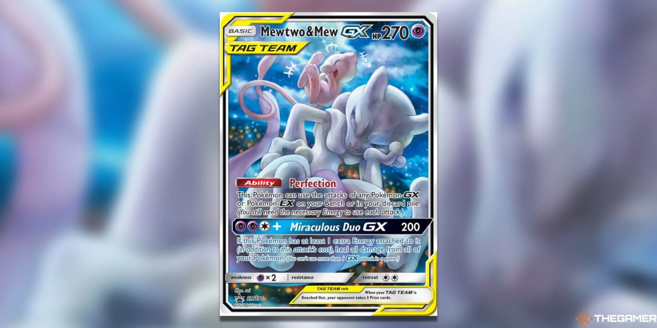 Thẻ bài promo Mewtwo &amp; Mew GX cực hiếm của Pokemon TCG kỷ nguyên Sun &amp; Moon, thể hiện sự đối đầu hài hước