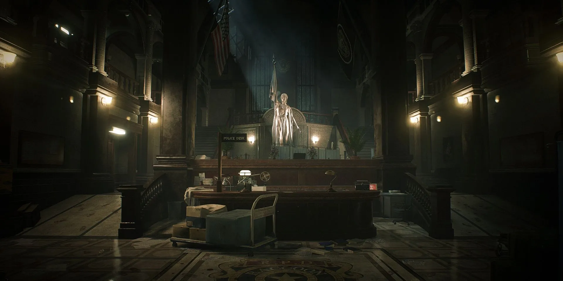 The lobby of the Raccoon PD in Resident Evil 2 remake