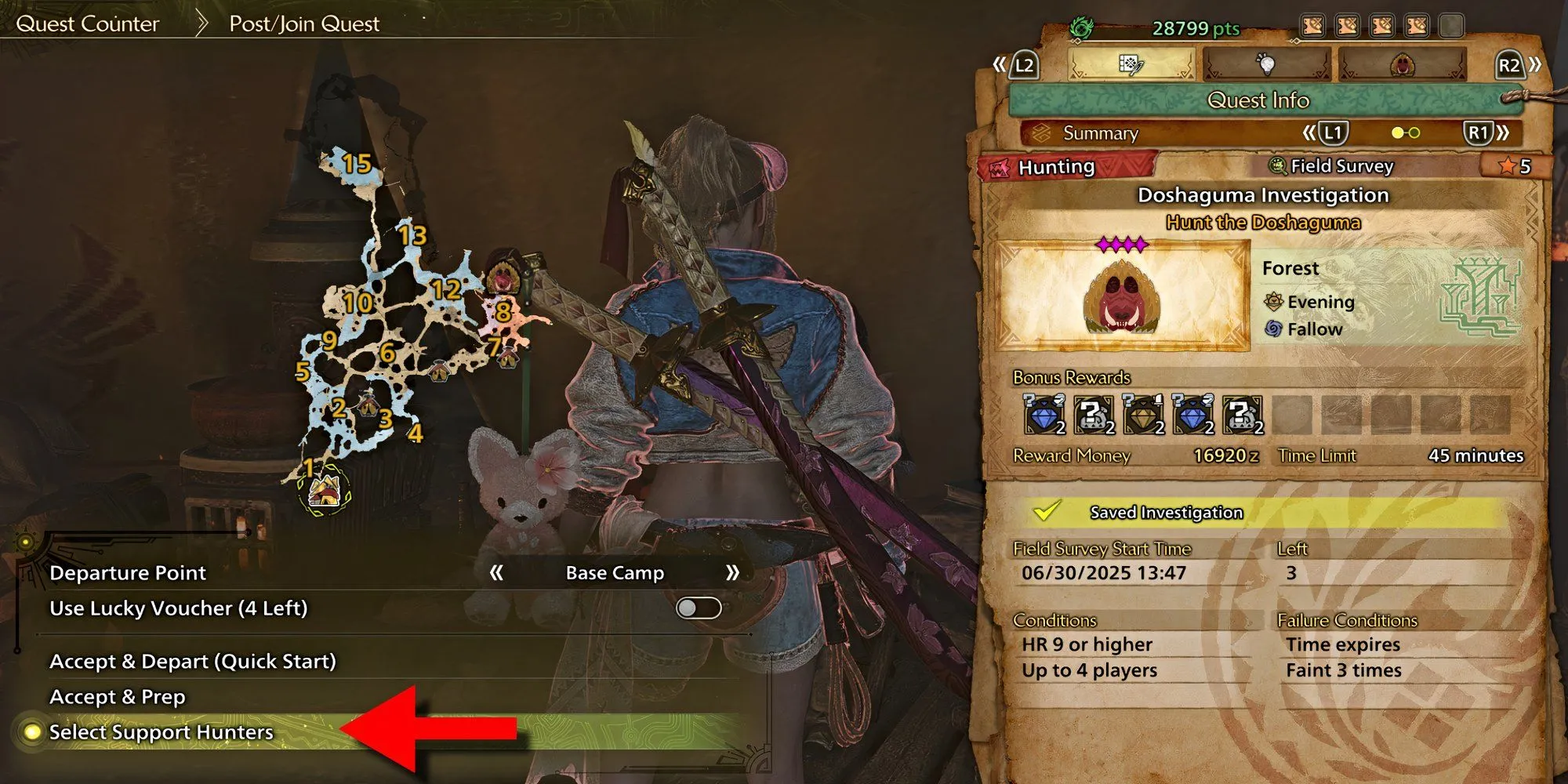 Tùy chọn chọn lựa Support Hunter cụ thể trước khi khởi hành nhiệm vụ trong Monster Hunter Wilds