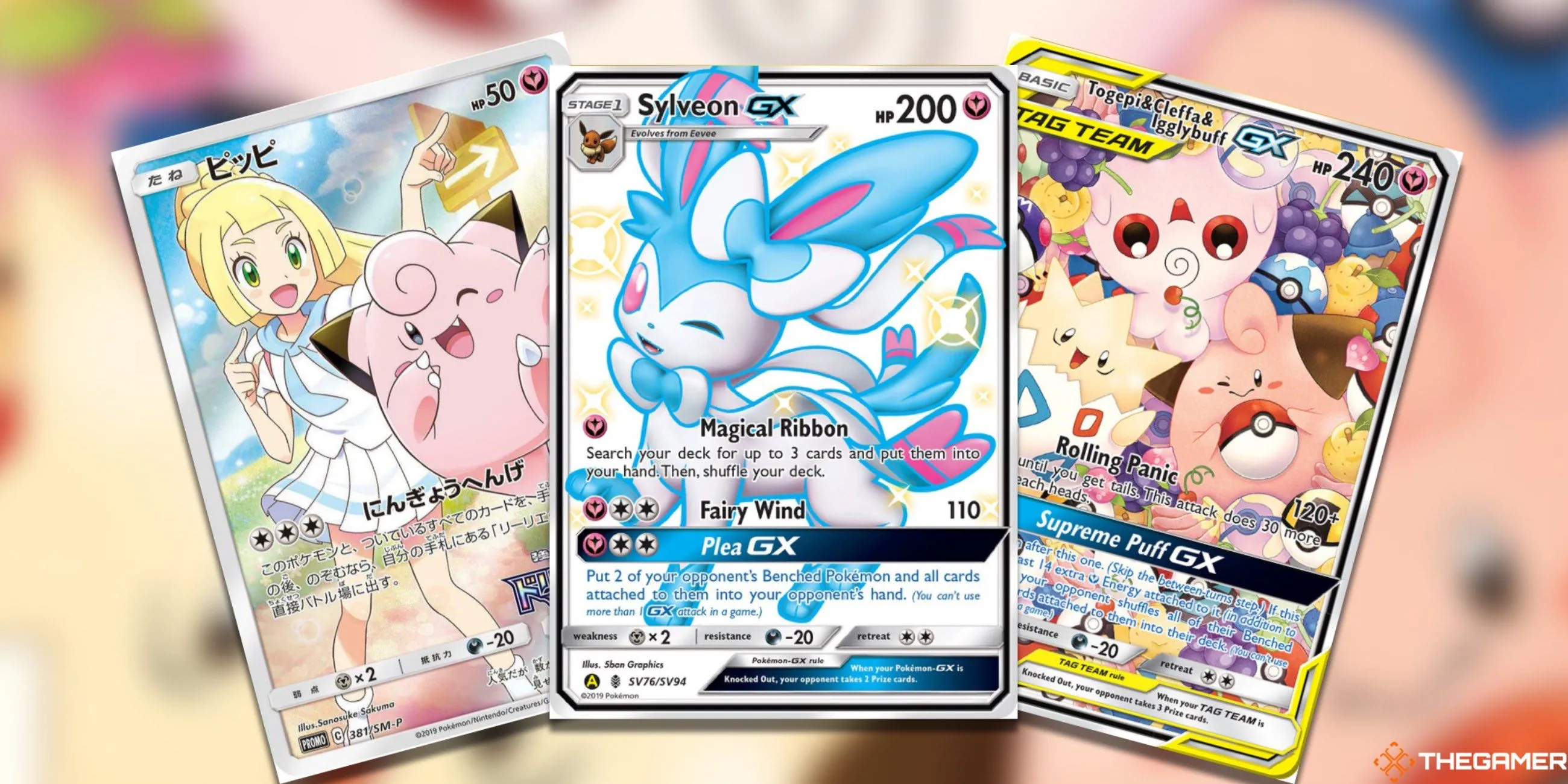 Tuyển tập các thẻ bài Pokemon hệ Tiên từ Pokemon TCG, bao gồm Clefairy, Sylveon GX, và Togepi &amp; Cleffa &amp; Igglybuff
