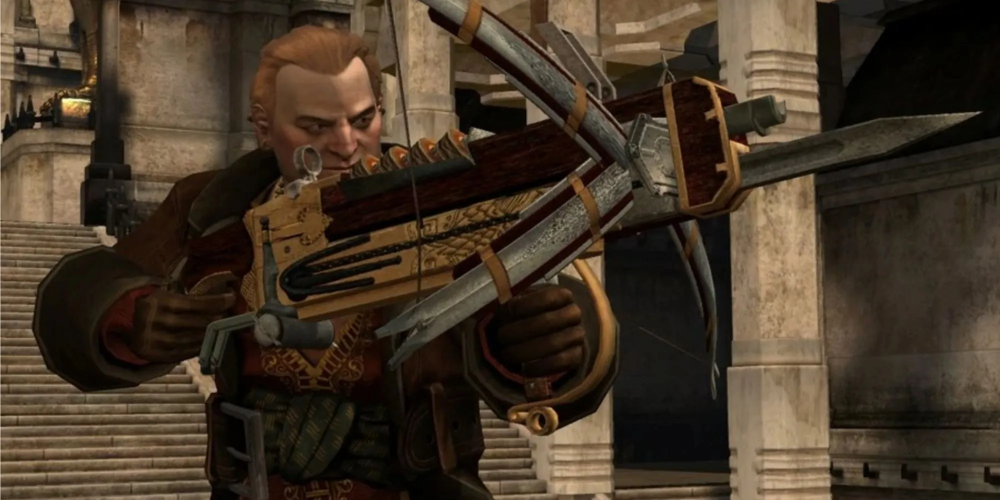 Varric, người đồng hành trung thành, sử dụng nỏ Bianca trong Dragon Age 2.